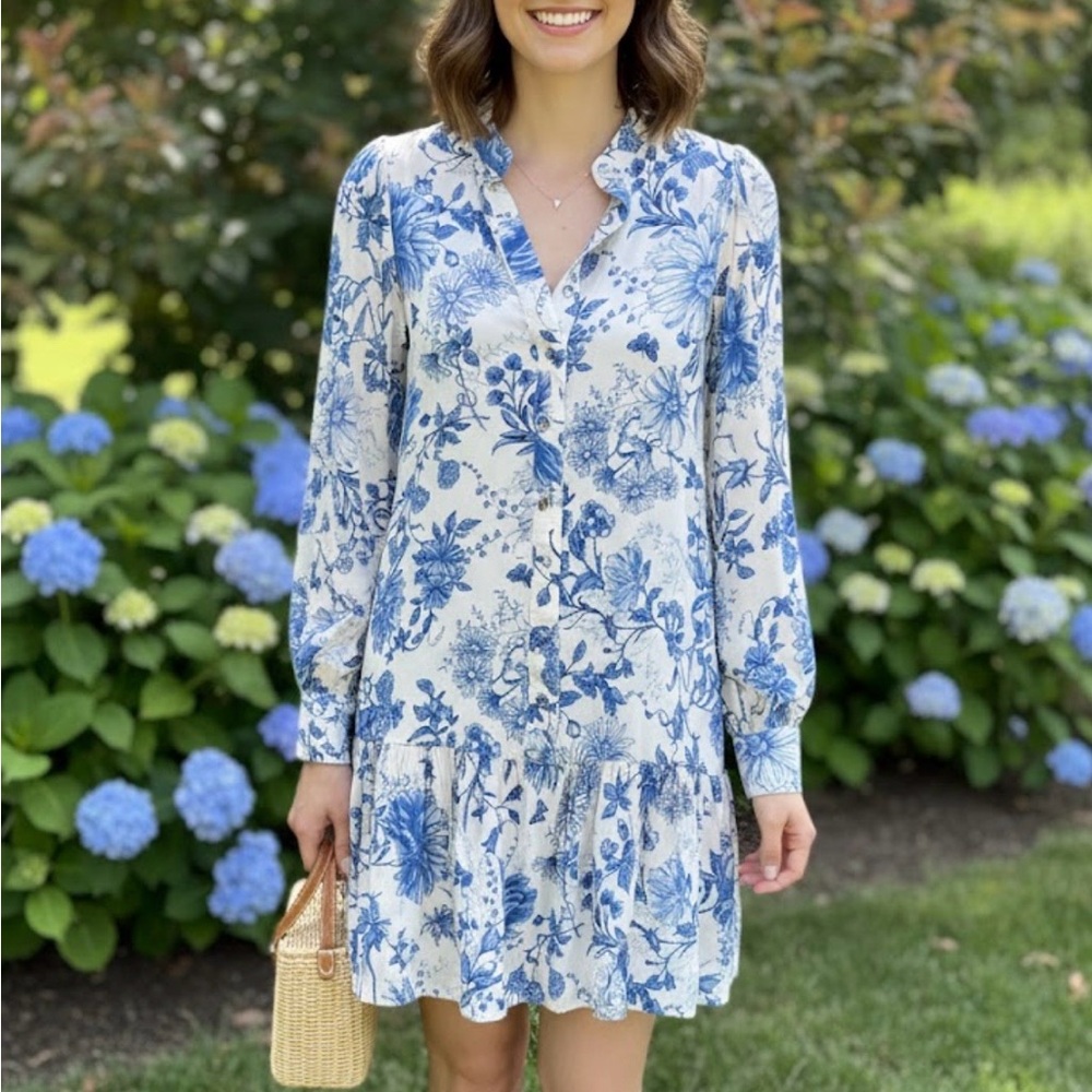 H&M Blue and White Floral Long Sleeve Dress